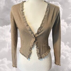 Y2K Brown Autumn Pointelle Knit Wool Mix Cropped Cardigan